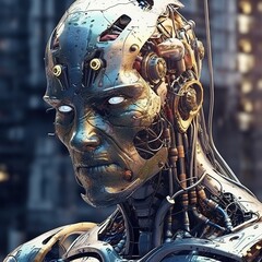 A close-up portrait of a robotic head with intricate details.