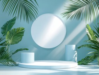 Fototapeta premium Modern Product Promotion Scene with Blue Background, Palm Leaves, and Geometric Shapes