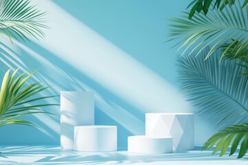 Modern Minimalist E-Commerce Banner with Palm Leaves, Podiums, and Geometric Shapes on Blue Background