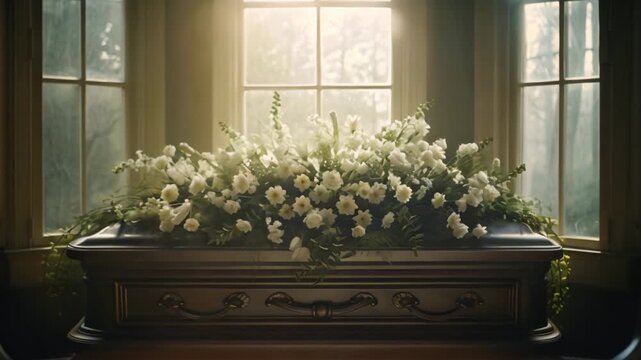 Flowers on a coffin in the funeral or burial services at cemetery, casket with flowers	
