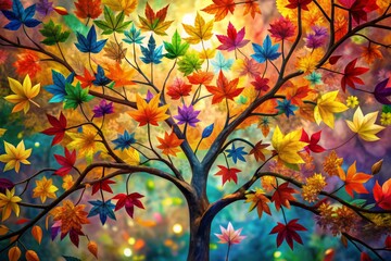 Vibrant floral tree with multicolor leaves on whimsical hanging branches against a stylized abstract illustration background, ideal for unique and colorful wallpaper designs.