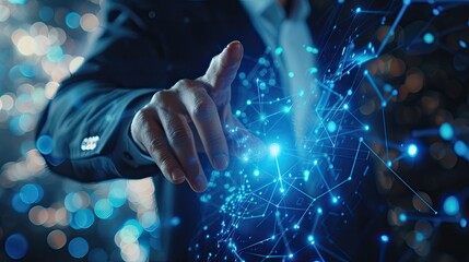 business professional analyzing holographic financial data modern office