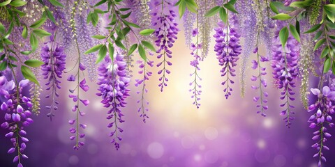 Vibrant purple gradient background featuring a stunning Wisteria floral banner with delicate, flowing tendrils and a blank space in the center for text overlay.