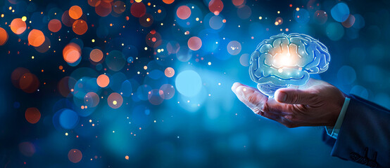Businessman holding a brain icon with an office background, in the style of a digital twin concept of human interface technology for creative thinking and intelligence. A business manager or employee 