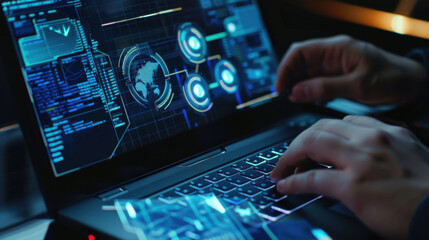 Cybersecurity software scanning a laptop for threats