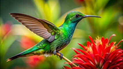 Obraz premium Vibrant green hummingbird with iridescent feathers perched on a delicate red flower, its beak extended to gather nectar, surrounded by lush tropical foliage.