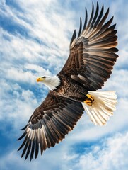 Obraz premium A bald eagle soaring through a cloudy blue sky