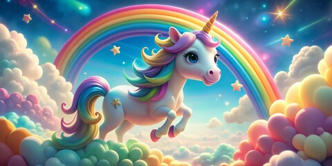 Obraz premium Whimsical 3D cartoon unicorn surrounded by vibrant rainbow and fluffy clouds, creating a magical and dreamy atmosphere, perfect for kids' rooms and playful designs.