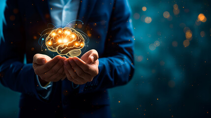 Businessman holding a brain icon with an office background, in the style of a digital twin concept of human interface technology for creative thinking and intelligence. A business manager or employee 