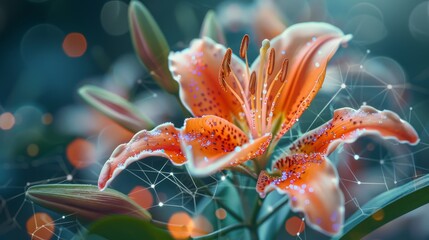 Blooming Fusion: Lily Flower with Integrated Tech Features Showcasing Natural Beauty and Futuristic Innovation.
