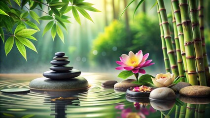 zen stones bamboo flower and water in a peaceful zen garden relaxation time wellness and harmony massage spa and bodycare concept.illustration