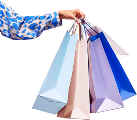 Sale offer. Black Friday. Shopping discount. Closeup of woman hand holding purchase blue bags against transparent background. Concept of shopping, cyber monday. copy space for ad