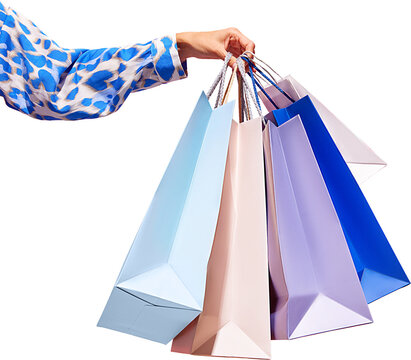 Sale offer. Black Friday. Shopping discount. Closeup of woman hand holding purchase blue bags against transparent background. Concept of shopping, cyber monday. copy space for ad