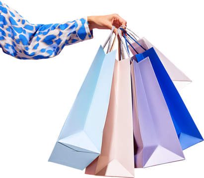 Sale offer. Black Friday. Shopping discount. Closeup of woman hand holding purchase blue bags against transparent background. Concept of shopping, cyber monday. copy space for ad