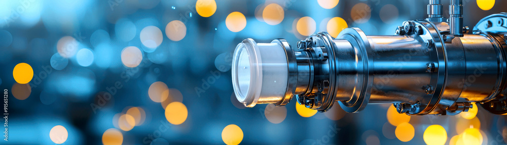Poster close-up of a shiny metal pipe connector with blurred bokeh lights in the background, creating an in