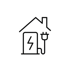 Home charging station icon. Simple outline style. Charging electric vehicle at home, building, house, green energy, technology concept. Thin line symbol. Vector illustration isolated.