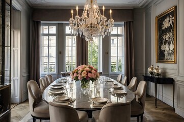 Chic Parisian-style dining room with crystal chandelier and elegant decor, luxury hotel interior