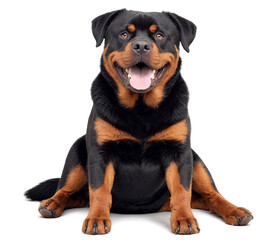 A happy smiling rottweiler sitting and looking at the camera, isolated on a transparent png background	