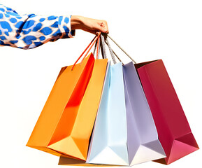 Sale offer. Black Friday. Shopping discount. Closeup of lady's hand holding purchase bags against...