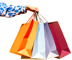 Sale offer. Black Friday. Shopping discount. Closeup of lady's hand holding purchase bags against transparent background. Concept of fashion, beauty, cyber monday.