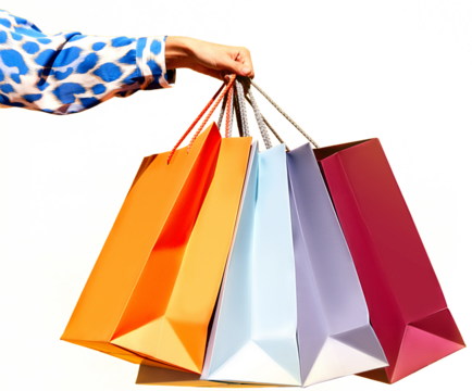 Sale offer. Black Friday. Shopping discount. Closeup of lady's hand holding purchase bags against transparent background. Concept of fashion, beauty, cyber monday.