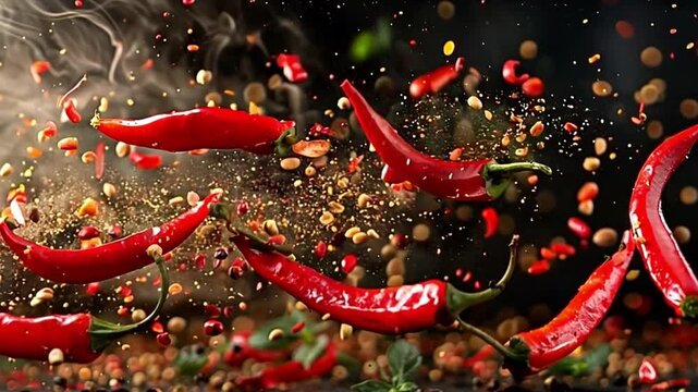 Meat stakes flying across a black background with powdered spices, garlic, and hot red pepper. Freeze motion