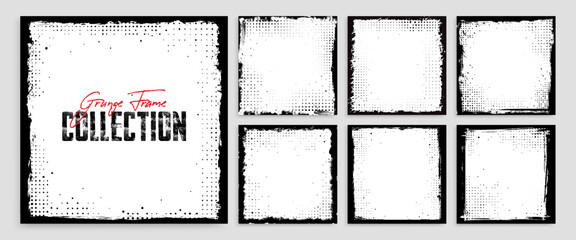Grunge frame silhouette with overlay watercolor texture, paint brush stroke, torn paper effect and halftone for photo collage and social media business banner. Retro grunge frame pattern or background