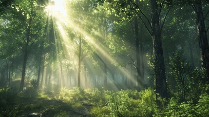Fototapeta premium peaceful forest scene with sunlight filtering through the trees, serene and natural
