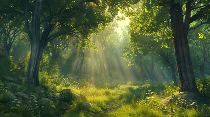 Fototapeta premium peaceful forest scene with sunlight filtering through the trees, serene and natural
