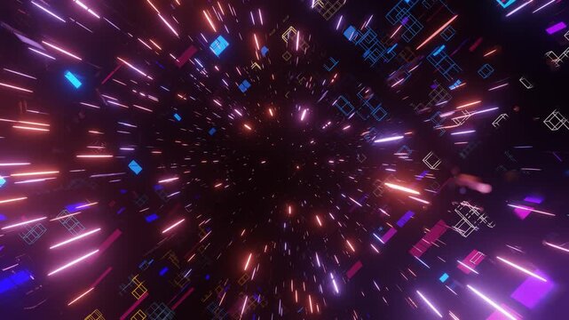 Data flow. Big data or blockchain digital space. Fly through hi-tech futuristic environment or neon tunnel, complex sci-fi structure. 3d seamless background in 4k. Information stream concept.
