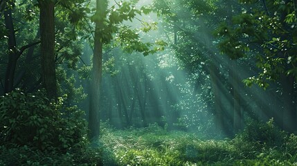Obraz premium peaceful forest scene with sunlight filtering through the trees, serene and natural