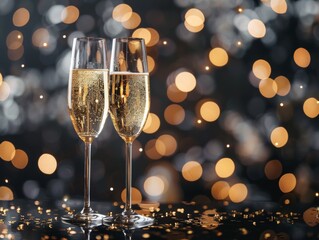 Two Champagne Flutes with Golden Bokeh Background