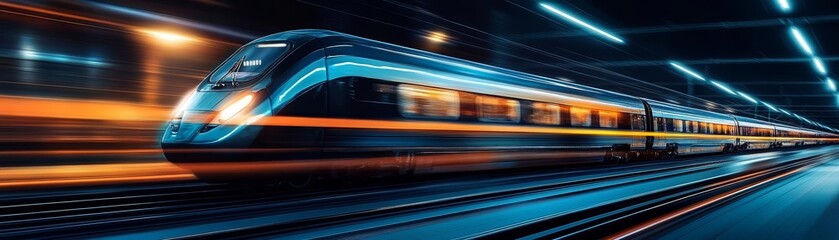 Abstract motion blur of a high-speed train at night, futuristic transport, urban transit