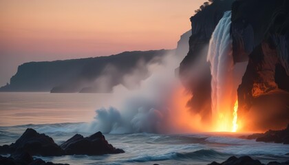 Fototapeta premium A powerful explosion at a waterfall, combining the natural beauty of cascading water with intense fire and billowing smoke