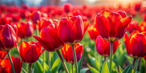 Vibrant red tulips sway gently in the breeze, forming a stunning sea of color, evoking feelings of joy, innocence, and whimsy in a serene natural setting.