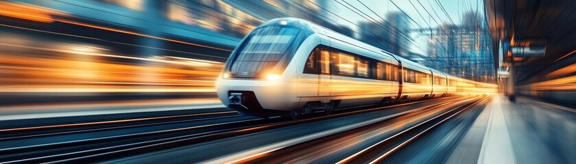 Naklejka premium Fast-moving train with abstract motion blur, city transportation, futuristic travel