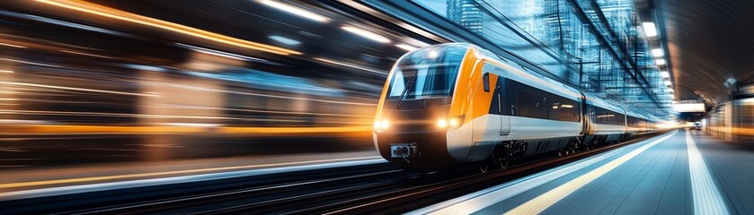 Naklejka premium Fast-moving train with abstract motion blur, city transportation, futuristic travel