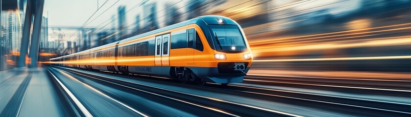 Naklejka premium Fast-moving train with abstract motion blur, city transportation, futuristic travel