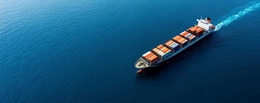 Large container ship navigating calm blue ocean, maritime transport, global shipping