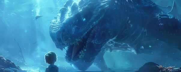 Depict a moody underwater world survival story with a protagonist facing a colossal sea monster, using vibrant CG animation and dynamic camera angles