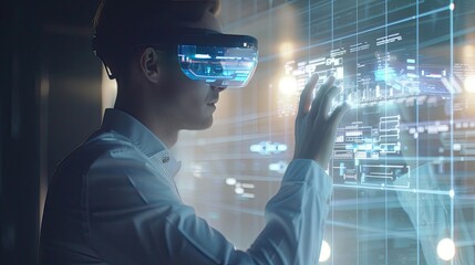 professional using holographic interface for robotic process automation modern office