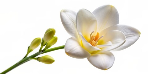 Fototapeta premium Delicate white freesia flower with yellow center and subtle fragrance isolated on a clean white background, showcasing its elegant beauty and simplicity.