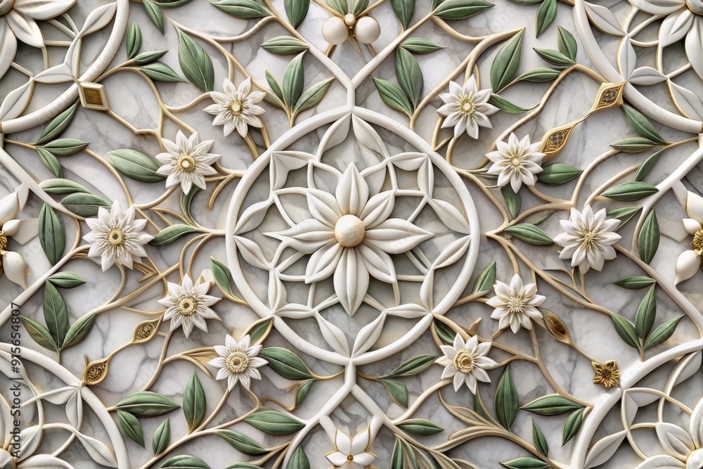 Poster intricate white geometric floral leaves pattern embedded in a luxurious 3d marble texture, adding a 