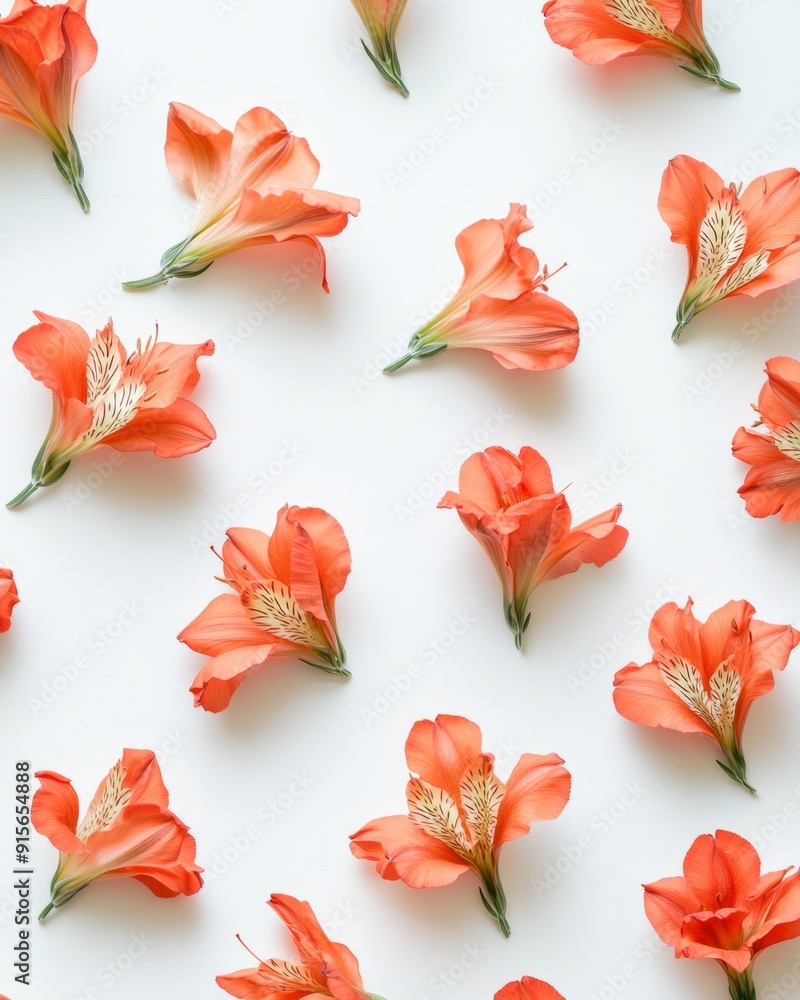 Poster Red Alstroemerias Pattern on Soft White Background - Bright Daytime Florals with Calm Mood and Simple Composition