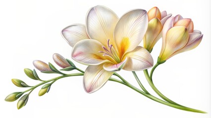 Naklejka premium Delicate, intricately drawn illustration of a freesia flower with soft, pastel petals, detailed stamens, and a slender stem, set against a pure white background.