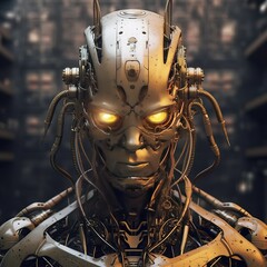 Close-up of a futuristic robot's face with glowing eyes.