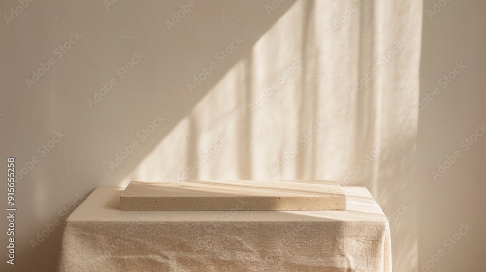 Poster sunlit minimalist still life of fabric-draped table with rectangular object in daylight