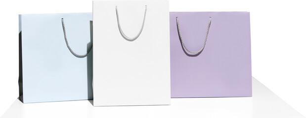 Sale offer. Black Friday. Shopping delivery. Five purchase colorful paper bags against transparent...