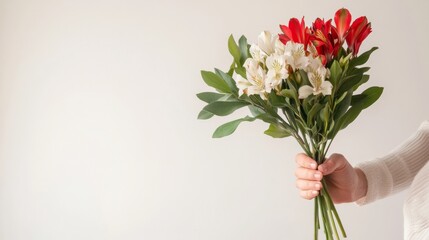 Female Hand Holding Minimalist Alstroemeria Floral Arrangement with Red and White Flowers Against Soft White Background in Bright Daylight Mood