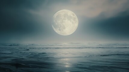 Obraz premium Misty Ocean Waves Under a Full Moon at Dusk
